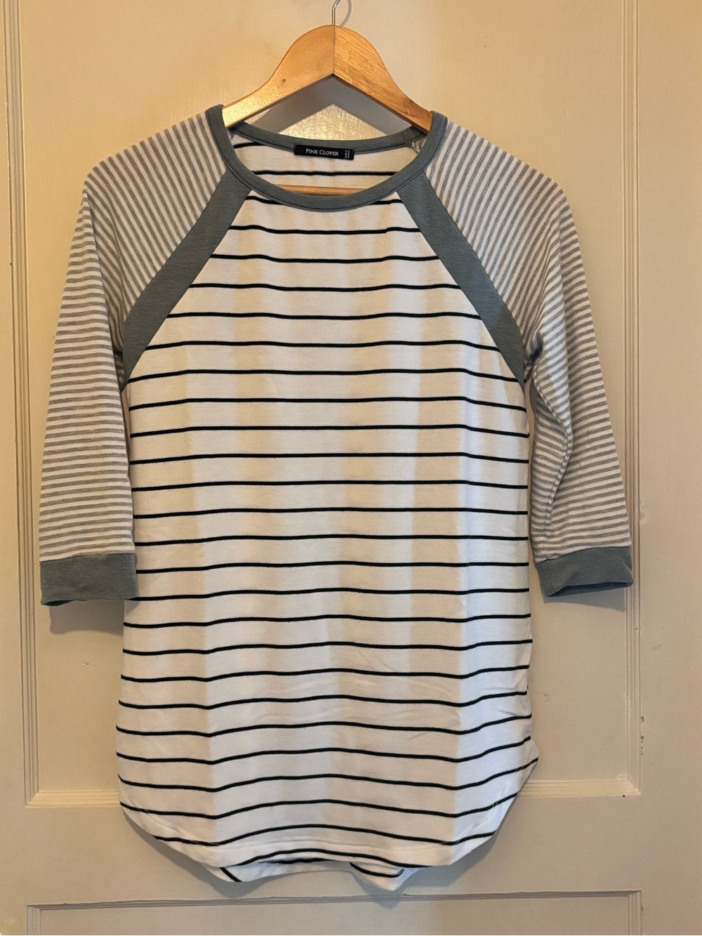 Pink Clover White Top with Gray Striped Raglan Sleeves